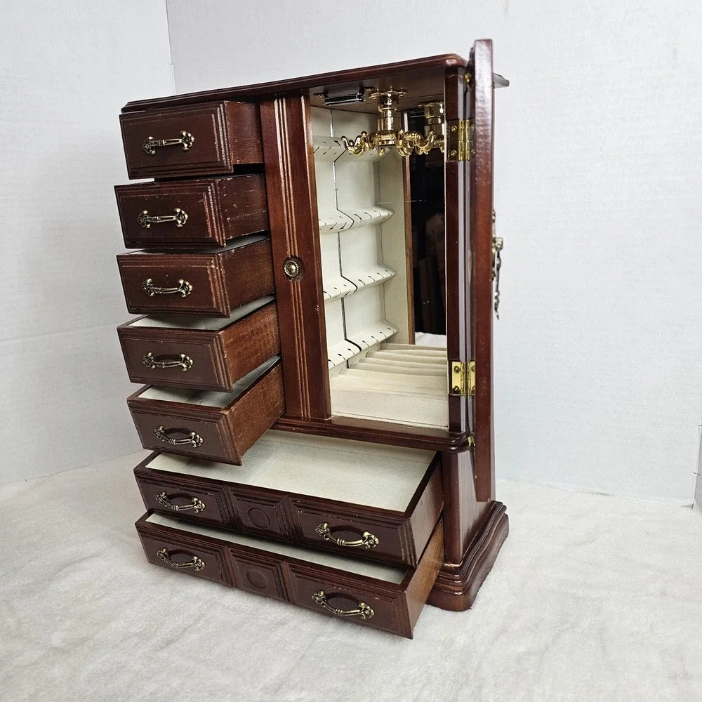 Vintage Jewelry Box Armoire Floral Glass Door 7 Drawers 12x16x5.25